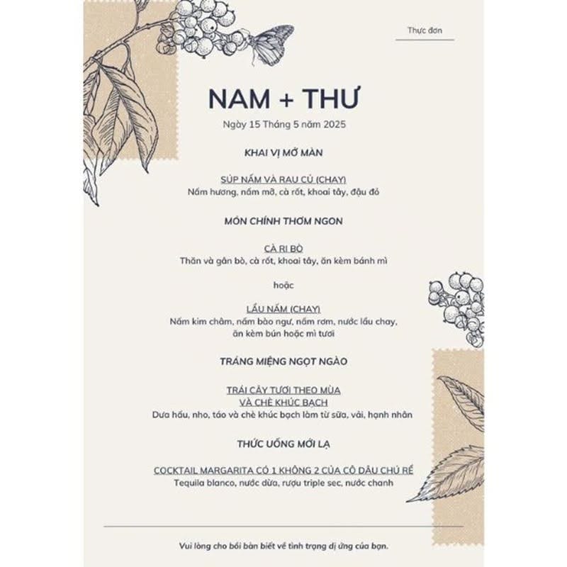 Các phong cách thiết kế menu tiệc cưới