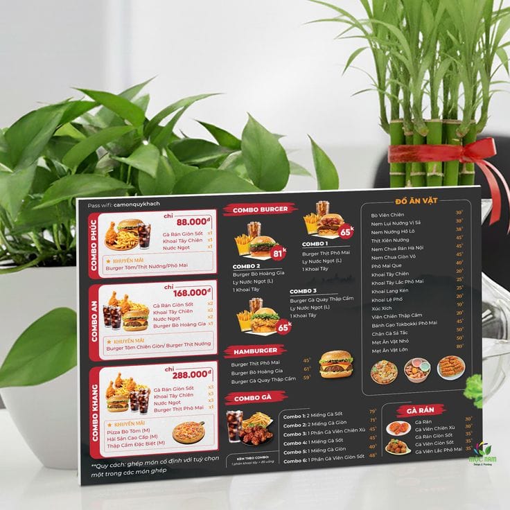 in menu formex bền đẹp cho nhà hàng, quán cafe